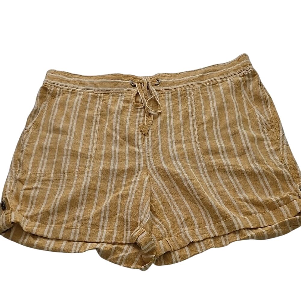 Women Sz L Linen Blend Yellow and White Striped Pockets Drawstring 5 Inch Shorts